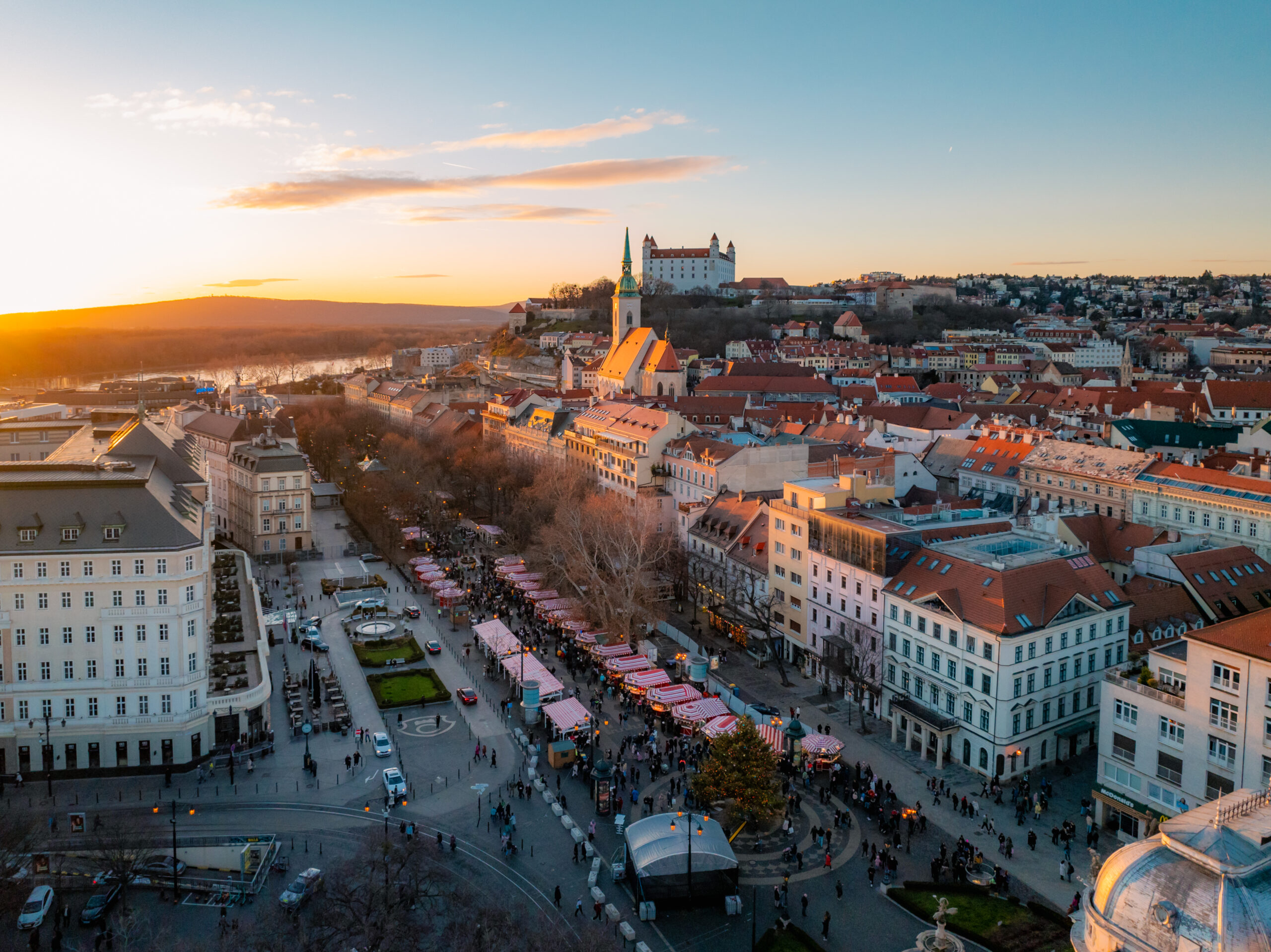 Christmas markets on hviezdoslavov square - drone shot